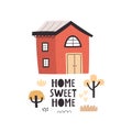 Sweet home. cartoon house, tree, hand drawing lettering, decor elements. colorful illustration for kids, flat style. Royalty Free Stock Photo