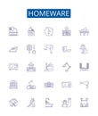 Homeware line icons signs set. Design collection of Furniture, Kitchenware, Tableware, Lighting, Bedding, Bathroom