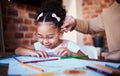 Homework, drawing and child at home with parent, care and learning for project. Young girl, problem solving and Royalty Free Stock Photo