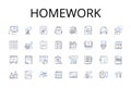 Homework line icons collection. Assignment-task, Project-activity, Test-exam, Essay-paper, Reading-study, Presentation