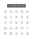 Homework line icons collection. Assignment-task, Project-activity, Test-exam, Essay-paper, Reading-study, Presentation