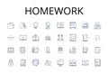 Homework line icons collection. Assignment-task, Project-activity, Test-exam, Essay-paper, Reading-study, Presentation