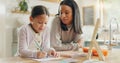 Homework, mother and girl with education, teaching and conversation with support, help and knowledge. Female child Royalty Free Stock Photo