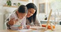 Homework, mother and girl with education, teaching and conversation with support, help and knowledge. Female child Royalty Free Stock Photo