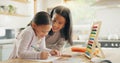 Homework, mother and girl with education, teaching and conversation with support, help and knowledge. Female child Royalty Free Stock Photo