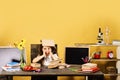 Homework and study time concept. Girl at desk with books Royalty Free Stock Photo
