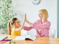 homework teaching education mother children daughter familiy childhood child teacher classroom school high five