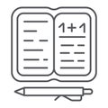 Homework thin line icon, paper and school, notebook with pen sign, vector graphics, a linear pattern on a white