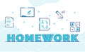 Homework typography word art background of icon exam result chalk board dictionary calculator pencil with outline style