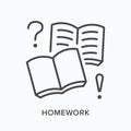 Homework, workbook flat line icon. Vector outline illustration of open book and blank notebook with question. Education