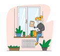 Homeworking Place, Working Activity. Freelancer Woman Character Sitting on Windowsill Work with Papers Docs at Home