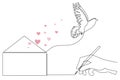 Homing-pigeon carries handwritten love letter, one line art continuous contour. Hand drawn dove with romantic message,bird