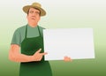 A gardener points to an empty sign, presenting information. Royalty Free Stock Photo