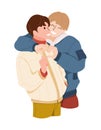 Homosexual couple on date. Two young men hug and smile on the street in winter. Happy LGBT guys folded their hands in