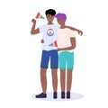 Homosexual couple with rainbow flags in hands