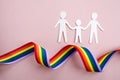 Homosexual family. Different kind of family. Paper cut family simbol with raindow ribbon