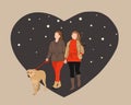 Homosexual female couple holding hands walking with dog vector flat illustration.
