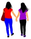 Homosexual girls walking and hand holding vector illustration isolated. Gay couple tenderness outdoor.