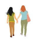 Homosexual girls walking and hand holding vector illustration isolated. Gay couple tenderness outdoor. Hand to hand closeness.