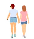 Homosexual girls walking and hand holding vector illustration isolated. Gay couple tenderness outdoor. Hand to hand closeness.