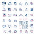 Homosexual Girls Wedding Doodle Icons Collection