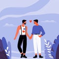 Homosexual love couple. Gay partners holding hands and embracing, happy male friends supporting each other, cartoon