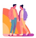 Homosexual men couple in rainbow background. Positive LGBT boys together. Two guys holding hands design. Cartoon