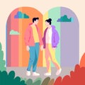 Homosexual men couple in rainbow background. Positive LGBT boys together. Two guys holding hands design. Cartoon Royalty Free Stock Photo