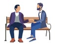 Homosexuality, gay. Two mens romantically sit on a bench. Flat style. Cartoon raster Royalty Free Stock Photo