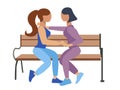 Homosexuality, lesbian. Two girls romantically sit on a bench. Flat style. Cartoon vector Royalty Free Stock Photo