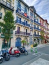 Hondarribia, Basque country, Spain - July 8, 2021: authentic colourful buildings downtown of the city