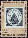 HONDURAS - CIRCA 1965: A stamp printed in Honduras shows a stamp of 1865, circa 1965.