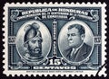 HONDURAS - CIRCA 1937: A stamp printed in Honduras shows Alonso de Caceres and Tiburcio Carias Andino, circa 1937.