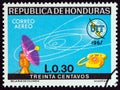 HONDURAS - CIRCA 1968: A stamp printed in Honduras shows dish aerial and telephone, circa 1968.