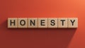 HONESTY word made with wooden building blocks.3D rendering on red background