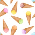 Ice cream seamless pattern. ÃÂ¡olor ice cream in waffle cone on white background.