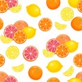 Citruses seamless pattern. Lemon, grapefruit and orange whole and slices isolated on white. Food background. Royalty Free Stock Photo