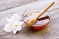 Honey in wooden bowl with honeycomb on wood table backgroun.