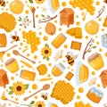 honey. apiary bees beehive sunflower honeycomb, seamless pattern. vector flat simple cartoon items.