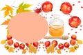 Honey, apple juice and pomegranate fruit isolated on white.There is space for text. Collage Royalty Free Stock Photo