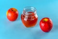 Honey and apples over blue background. Royalty Free Stock Photo