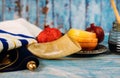 Honey, apple and pomegranate traditional holiday symbols rosh hashanah jewesh holiday