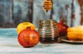 Honey, apple and pomegranate traditional holiday symbols rosh hashanah jewesh holiday
