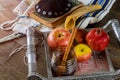 Honey, apple and pomegranate traditional holiday Yom Kippur and Rosh Hashanah jewish holiday