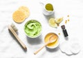 Honey and avocado face mask on light background, top view. Beauty, youth, skin care concept. Royalty Free Stock Photo