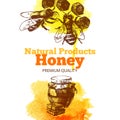 Honey background with hand drawn sketch and watercolor illustrations. Menu and package design