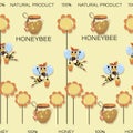 Honey background. Honeybees. Swarm of bees collects honey. Seamless pattern with cartoon characters Royalty Free Stock Photo