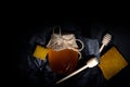 Honey background. Natural honey comb and a wooden spoon . On black rustic table Royalty Free Stock Photo