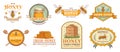 Honey badge. Natural bee farm product label, organic beekeeping pollen and bees hive emblem badges vector illustration
