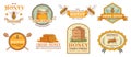 Honey badge. Natural bee farm product label, organic beekeeping pollen and bees hive emblem badges vector illustration set